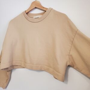 Oak + Fort Small Crop Boxy Sweater Cream Organic Cotton 3/4 Wide Arm Oversized